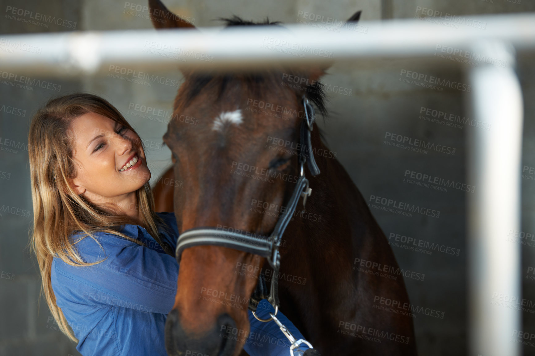 Buy stock photo Smile, stable and young woman with her horse at an outdoor farm for sports racing. Happy, training and confident female person from Canada with her equestrian animal or pet in countryside ranch.