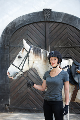 Buy stock photo Portrait, horse and happy woman with animal at ranch in the countryside outdoor. Equestrian, rider and person in helmet with a pet stallion, confidence and standing together for hobby or summer sport