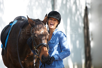 Buy stock photo Happy, portrait and a woman with a horse for sports, farm training and riding for hobby. Smile, adventure and young rider with an animal for equestrian exercise for competition or race in nature.