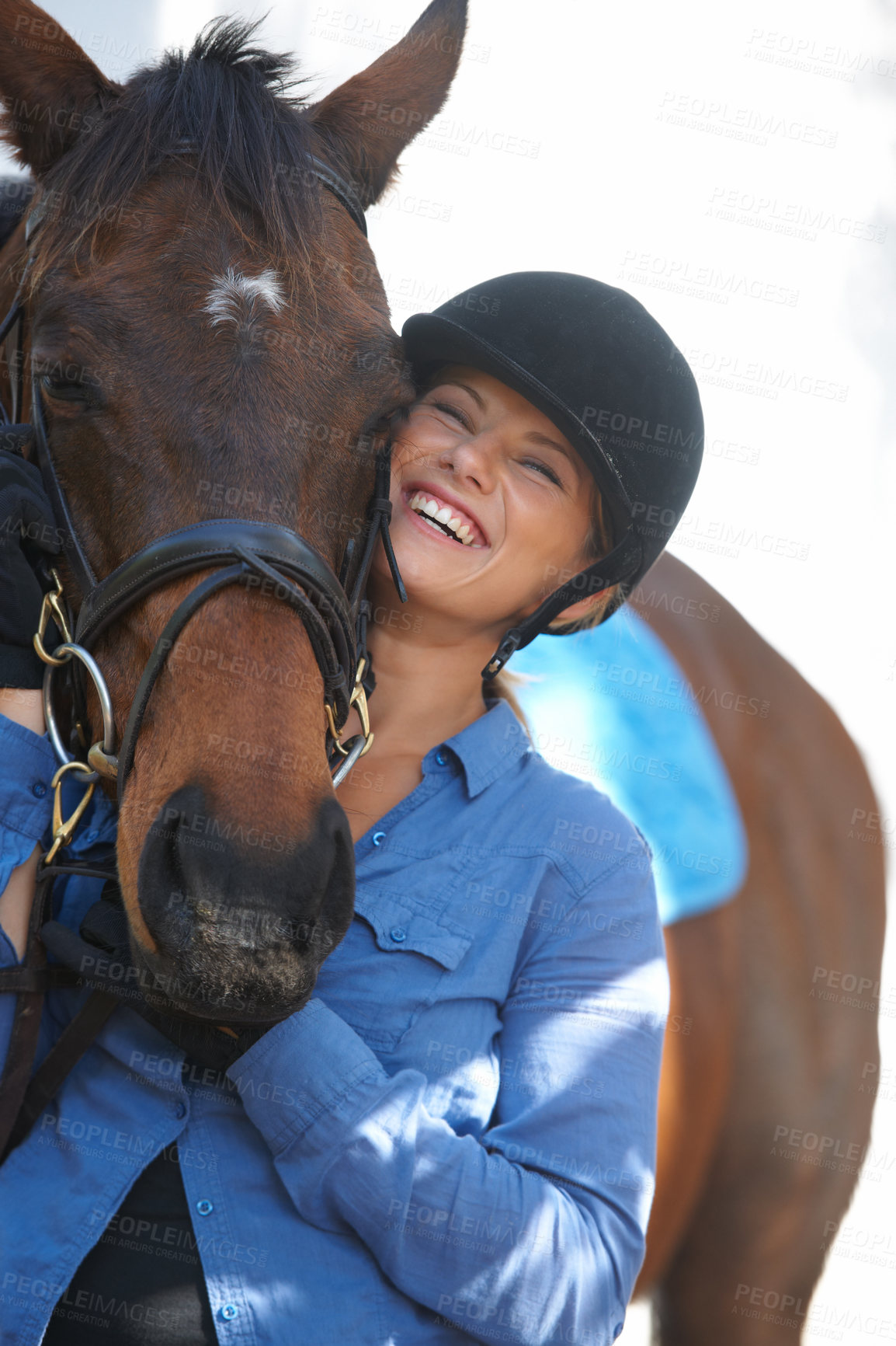 Buy stock photo Happy, portrait and a woman with a horse for sports, farm training and riding. Smile, free and a young rider with an animal for recreation, sport or exercise for competition or race in nature