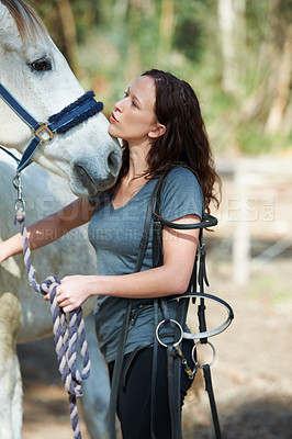 Buy stock photo Care, horse riding or woman in countryside outdoor with rider or jockey for recreation or wellness. Kiss, bridle or closeup of athlete with a healthy animal for training or support on farm in Texas