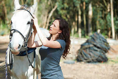 Buy stock photo An attractive woman attaching a bridle to her horse outside
