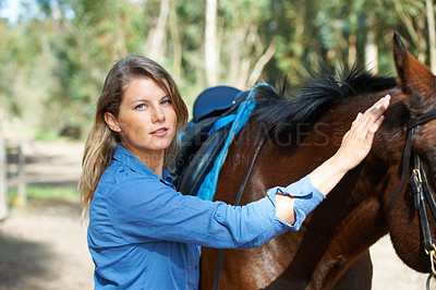 Buy stock photo Smile, nature and portrait for woman with her horse on an outdoor farm for sports racing. Grooming, training and confident young female person from Canada with equestrian animal or pet in countryside