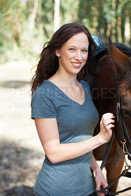 Buy stock photo Happy, nature and portrait for woman with her horse on an outdoor farm for sports racing. Smile, training and confident young female person from Canada with her mammal animal or pet in countryside.