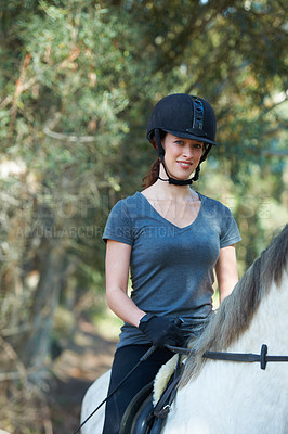 Buy stock photo horse riding, portrait or happy woman in countryside outdoor with rider or jockey for recreation or wellness. Sports, ready or equestrian with a smile to start training, exercise or workout in ranch