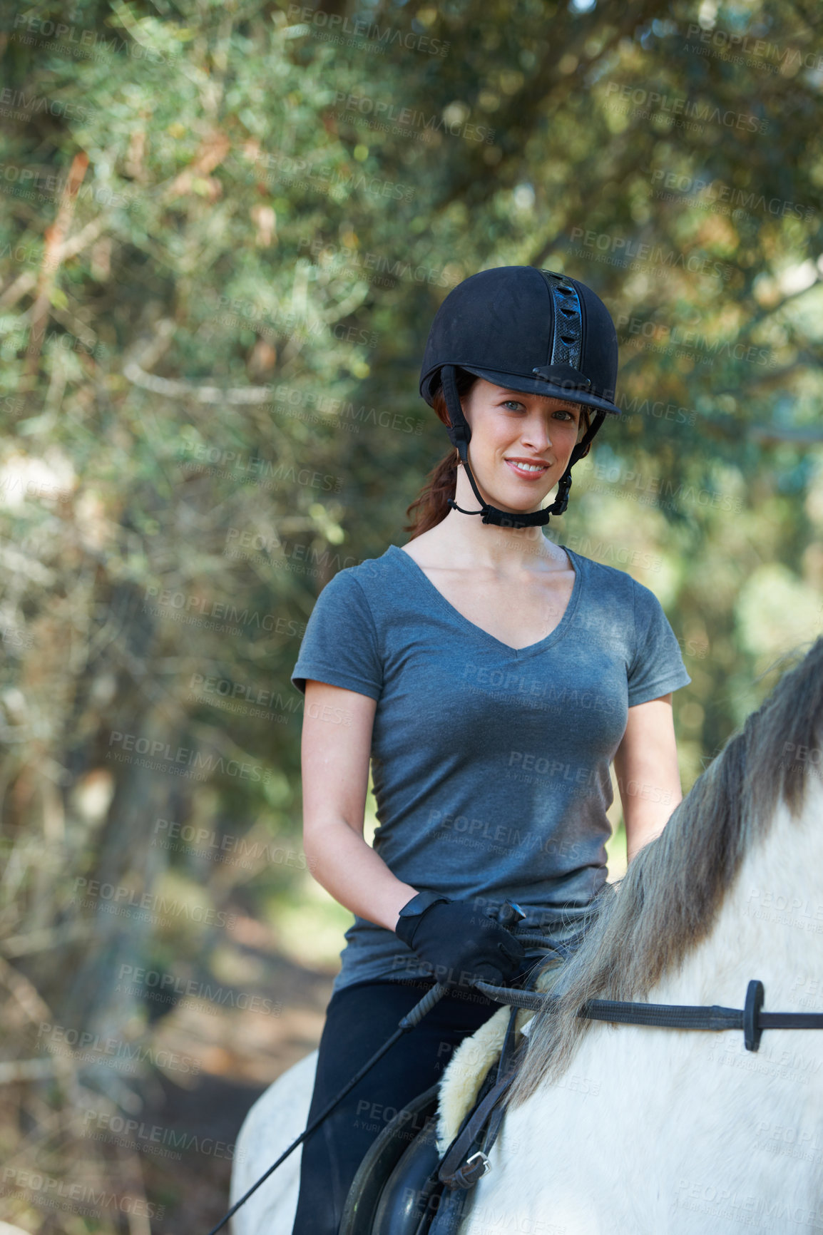 Buy stock photo horse riding, portrait or happy woman in countryside outdoor with rider or jockey for recreation or wellness. Sports, ready or equestrian with a smile to start training, exercise or workout in ranch
