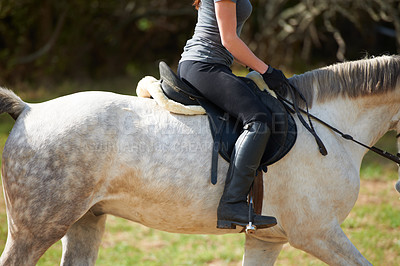 Buy stock photo Closeup, horse riding or woman in countryside outdoor with rider or jockey for recreation or wellness. Freedom, saddle or athlete with a healthy pet animal for training, exercise or support on farm 