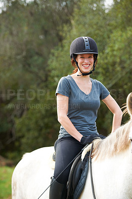 Buy stock photo Horse riding, nature or portrait of happy woman in countryside outdoor with jockey for recreation. Sports, smile or female equestrian on an animal to start training, exercise or workout on a farm