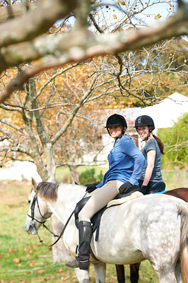 Buy stock photo Portrait, friends or women horse riding in nature or countryside with rider or jockey for recreation. Happy, teamwork or equestrian with smile to start training, exercise or workout in ranch or farm