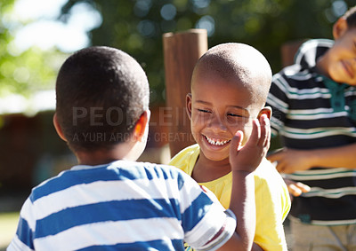 Buy stock photo Playground, happy kids or friends in a park playing together outdoors in nature on preschool break. Happiness, diversity or fun children with a smile laughing, smiling or bonding in kindergarten 