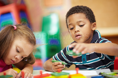 Buy stock photo Learning, kindergarten and creative with children at school for education, drawing and color. Art, classroom and study with kid students in nursery for child development, artist and creativity