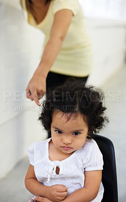 Buy stock photo Young, girl and mother point scold for trouble discipline, childhood behaviour or tantrum. Daughter, chair and sad guilt parent fail or anger toddler authority, difficult child in home for attention