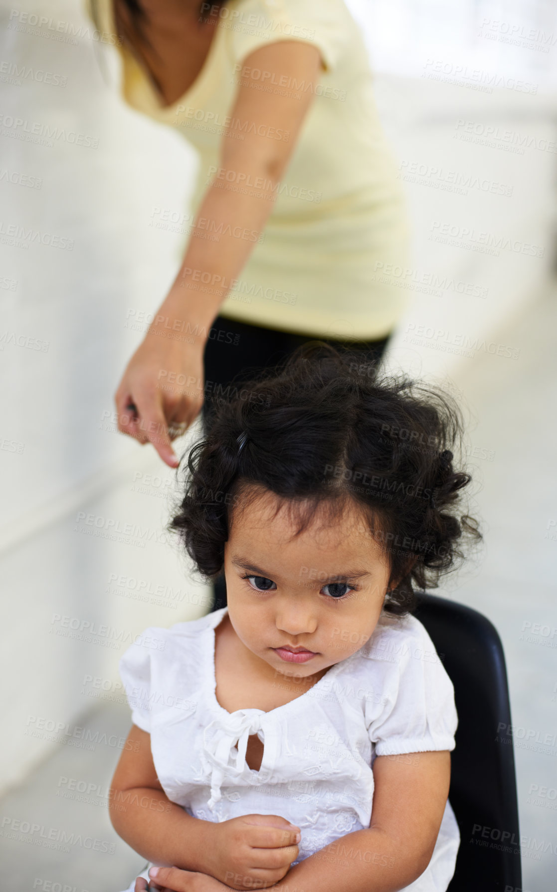 Buy stock photo Young, girl and mother point scold for trouble discipline, childhood behaviour or tantrum. Daughter, chair and sad guilt parent fail or anger toddler authority, difficult child in home for attention