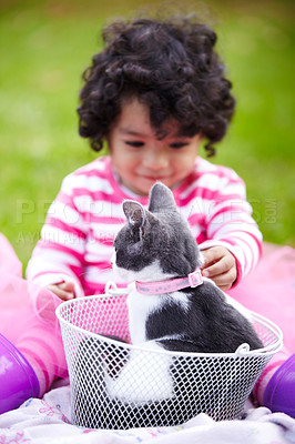 Buy stock photo Nature, girl and kitten in a basket in a garden on the grass on a summer weekend together. Happy, sunshine and child or kid sitting and having fun with cat or feline animal pet on lawn in a field.