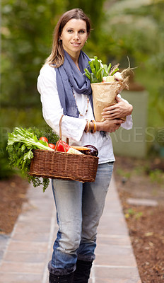 Buy stock photo Woman, portrait and vegetables with bag, outdoor and smile with organic product, food and deal in park. Vegan lady, basket or container for shopping, discount or sale with deal, nutrition and diet