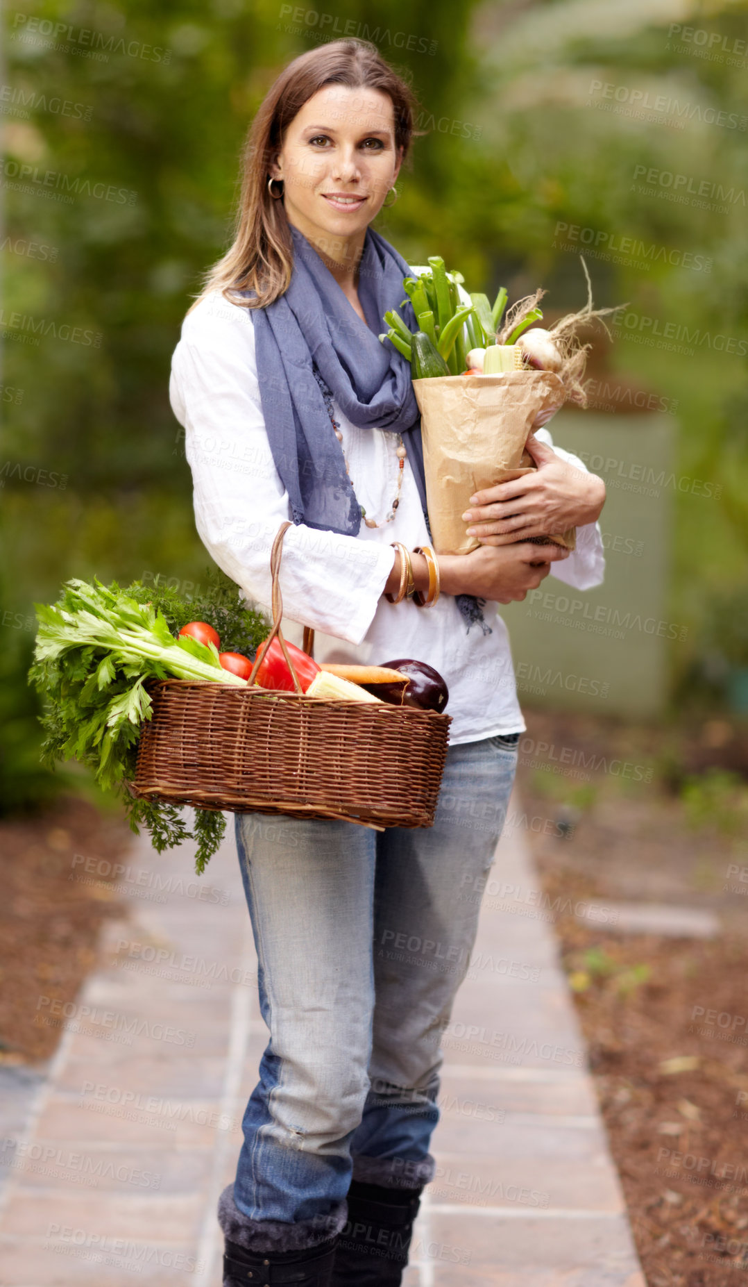 Buy stock photo Woman, portrait and vegetables with bag, outdoor and smile with organic product, food and deal in park. Vegan lady, basket or container for shopping, discount or sale with deal, nutrition and diet