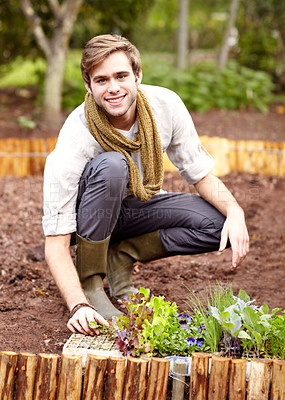 Buy stock photo Portrait, man and smile for farming in vegetable garden for nutrition, natural and diet with organic produce. Male farmer, worker and job with planting, harvest or sustainable development for growth