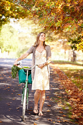Buy stock photo A young woman with a bicycle and her groceries