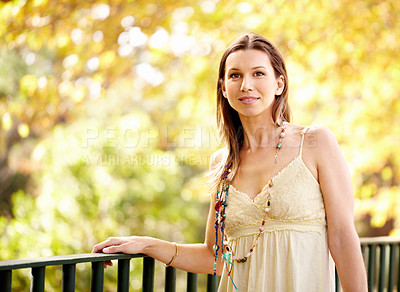 Buy stock photo Woman, portrait and nature for garden by tree, sunshine holiday and eco friendly countryside. New york, smile and relax face with trendy fashion for travel, wellness and sustainability central park