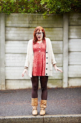 Buy stock photo Rain, winter and wet woman on the sidewalk from water, puddle or accident in the city. Depressed, insurance and a young girl with a fail while raining in the road or street with a disaster or crisis