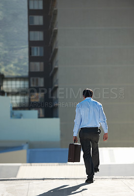 Buy stock photo Businessman, suicide and edge with stress, depression or problem on rooftop of building with suitcase for risk. Professional, person or employee with briefcase, mental health and anxiety in city