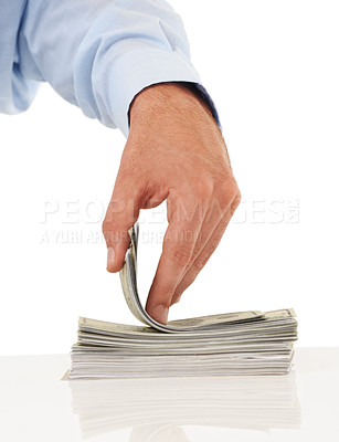 Buy stock photo Cash, currency and hands with money for finance, economy and banking for investment, payment and profit. Dollars, paper and person with bank notes for savings, financial growth or investing in studio