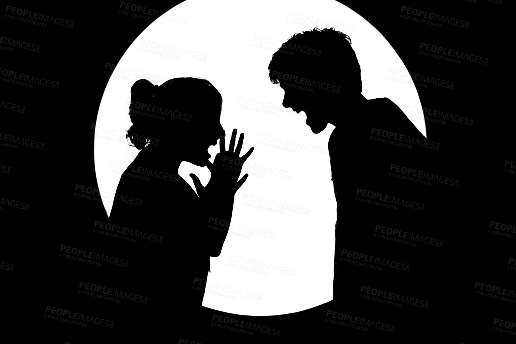 Buy stock photo Silhouette of a man and woman arguing