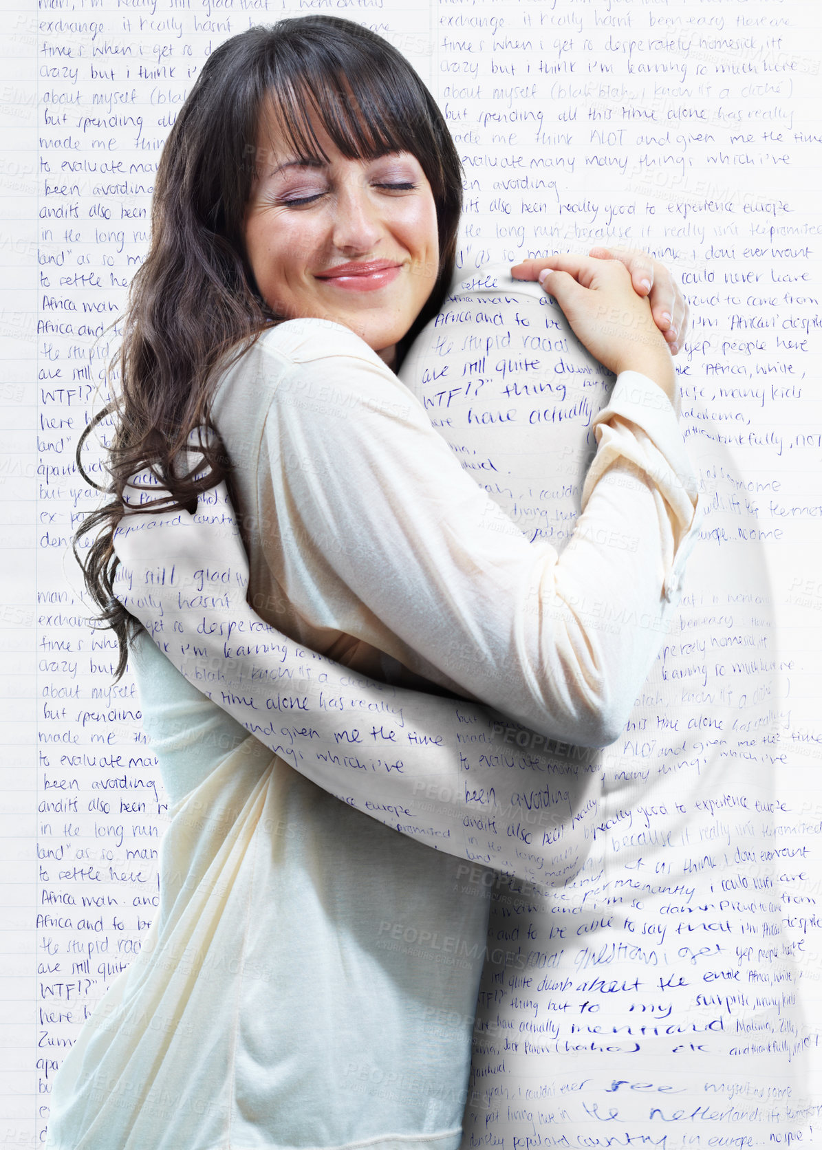 Buy stock photo A young woman embracing another person who is actually part of the words on the wall