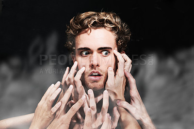 Buy stock photo Fear, drug addict and man with hands in studio isolated on a black background. Face, smoke and person scared, horror in substance abuse and hallucination, fantasy and sick with depression or anxiety