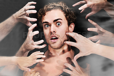 Buy stock photo Portrait, drug addict and scared man with hands in studio isolated on black background. Face, smoke or person with fear, mental health crisis or hallucination, surprise or sick, depression or anxiety