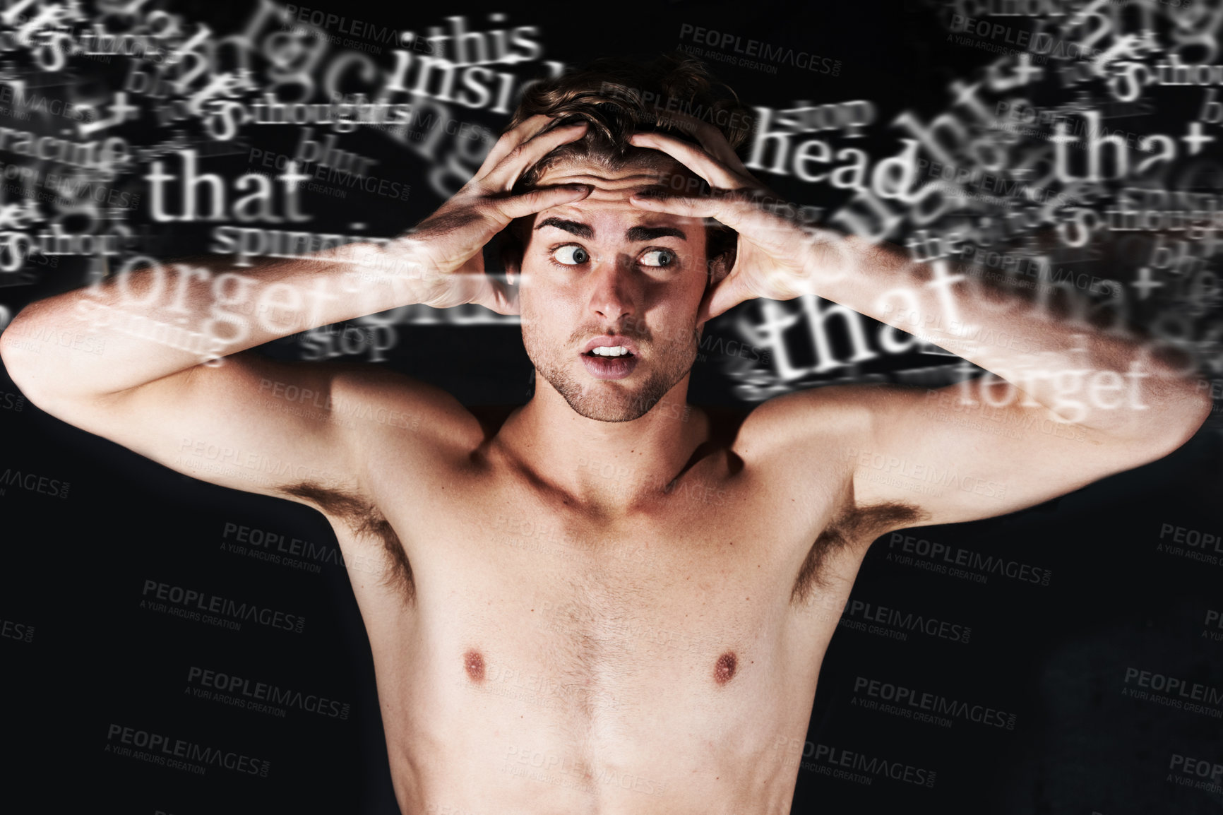Buy stock photo Stress, depression and man with headache, words and studio isolated on a black background. Anxiety, psychology and mental health of person with text, sick and frustrated at crisis, fail or mistake