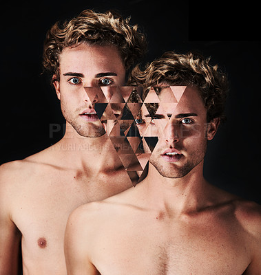 Buy stock photo Double image of a man with a pixelated triangle in the middle of the two