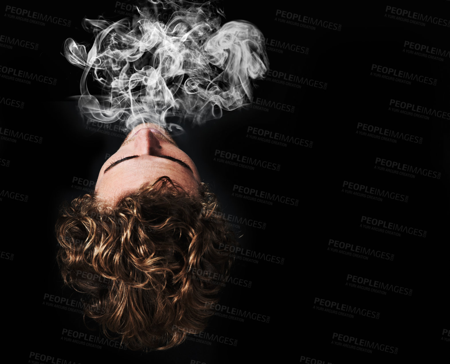 Buy stock photo Man smoking marijuana, drugs or cigarette in studio isolated on black background mockup. Smoke, vape and person exhale cannabis, weed and addiction to tobacco, 420 cbd or substance abuse in top view
