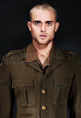 Buy stock photo Military, portrait or man with ptsd, serious or surprised face and fear, terror and anxiety in studio. Man, guy or wide eyes with addiction, user or psychosis for insomnia on black background or risk