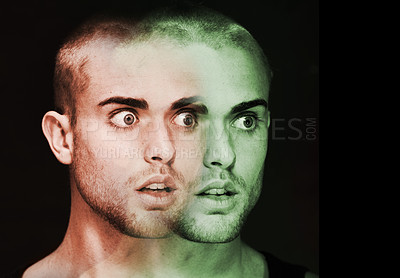 Buy stock photo Mental health, face and man with bipolar disorder or illness in studio with terror or fear. Double exposure, guy and male person with trauma, anxiety or schizophrenia on black background or shocked