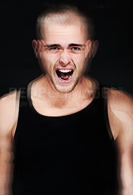 Buy stock photo Stress, blur and portrait of screaming man in studio isolated on a black background. Anger, anxiety and face of person shouting for mental health crisis, psychology or crazy, frustrated or depression