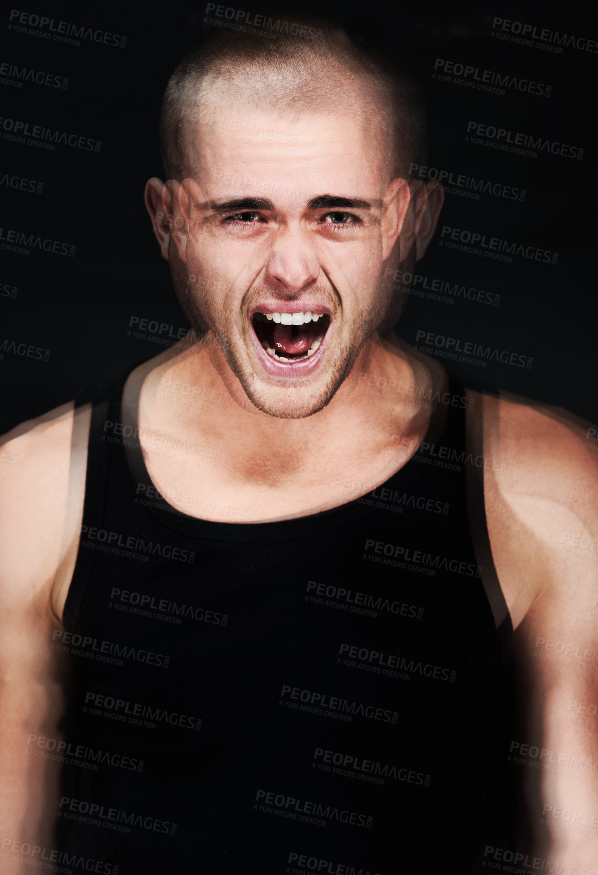 Buy stock photo Stress, blur and portrait of screaming man in studio isolated on a black background. Anger, anxiety and face of person shouting for mental health crisis, psychology or crazy, frustrated or depression