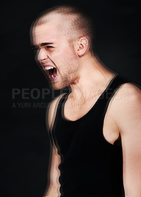 Buy stock photo Frustrated, stress and blur of man shouting in studio isolated on a black background. Anger, anxiety and person screaming for mental health crisis, psychology or crazy trauma, depression or bipolar