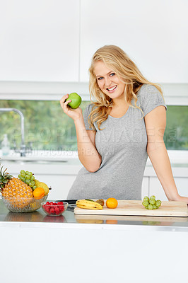 Buy stock photo Fruits, apple or portrait of happy girl for healthy lunch or breakfast meal or diet in kitchen at home. Morning snack, smile or vegan woman eating fresh food to lose weight for wellness or gut health