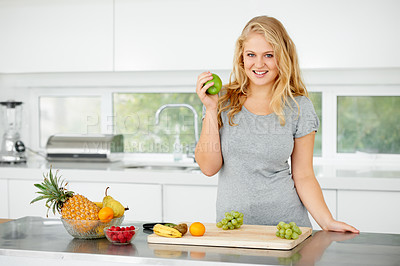 Buy stock photo Fruits, apple or portrait of happy woman for healthy lunch or breakfast meal or diet in kitchen at home. Morning snack, smile or vegan girl eating fresh food to lose weight for wellness or gut health