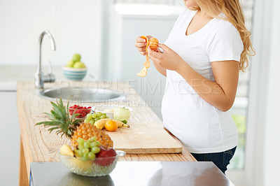 Buy stock photo Woman hands, orange peel and fruit for health food and nutrition for weight loss diet and health at home. Kitchen, fruits and plus size person in a house with breakfast and nutritionist in morning