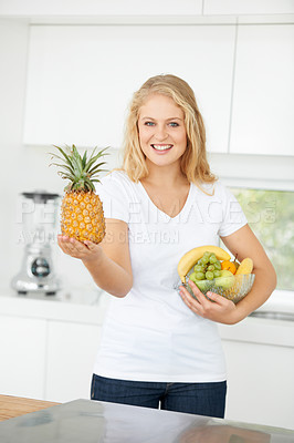 Buy stock photo Fruits, pineapple or portrait of happy woman with healthy lunch or breakfast meal or diet in kitchen at home. Morning, smile or vegan girl with natural food to lose weight for gut health or wellness
