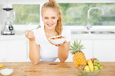 Buy stock photo Fruits, eating or portrait of happy woman with healthy lunch or breakfast meal or diet in kitchen at home. Morning, smile or vegan girl enjoying a salad, food or bowl to lose weight for wellness 
