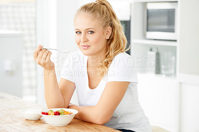 Buy stock photo Fruits, morning and portrait of eating woman with healthy lunch or breakfast meal or diet in home kitchen for wellness. Nutrition, health and vegan person smile and happy for salad and self care