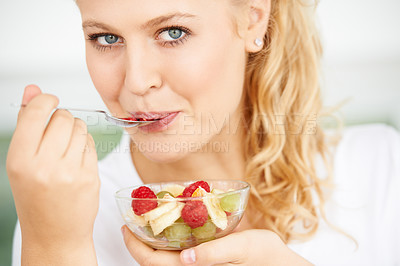 Buy stock photo Fruits, bowl and portrait of eating woman with healthy lunch or breakfast meal or diet in the morning at home. Nutrition, health and vegan person smile and happy for salad, food and self care