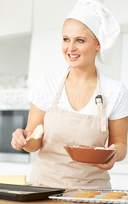 Buy stock photo Happy woman, thinking or chef baking cookies with dough or pastry in a bakery kitchen with recipe. Food business, ideas or girl baker working in preparation of a sweet meal, dessert tray or biscuit