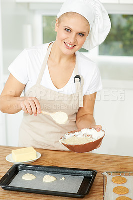 Buy stock photo Happy woman, portrait or chef baking cookies with dough or pastry in a bakery kitchen with recipe. Food business, dessert tray or girl baker working in preparation of a sweet meal, cake or biscuit