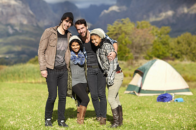 Buy stock photo Friends, camping and happy portrait in countryside, nature or adventure in environment. Group, together and people smile for holiday, travel or memory of bonding outdoor in the woods or forest