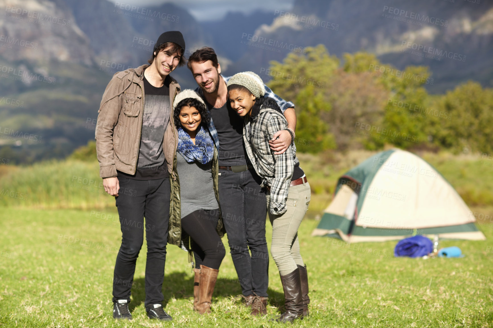 Buy stock photo Friends, camping and happy portrait in countryside, nature or adventure in environment. Group, together and people smile for holiday, travel or memory of bonding outdoor in the woods or forest