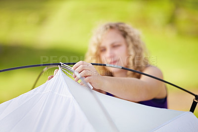 Buy stock photo Woman, tent setup for camping and travel with holiday, hiking or gear. Shelter, secure canopy and pitching with equipment for protection outdoor and adventure in woods or park, tourism and campground